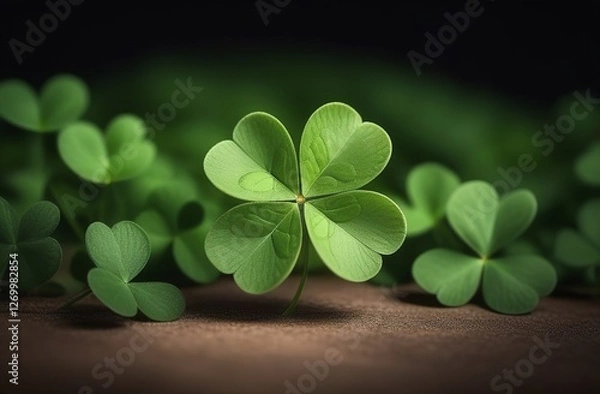 Fototapeta St. Patrick's Day. Traditional holiday. A symbol of good luck and wealth, fortune. A green clover leaf and a gold coin. Shamrock leaf. Ray of sunshine. Irish spring celebration