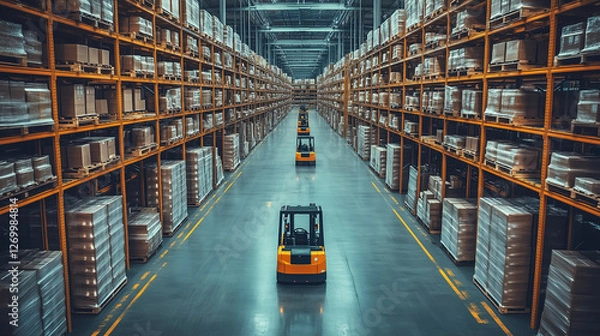 Fototapeta Forklifts maneuvering through a large warehouse filled with neatly stacked pallets in an organized space