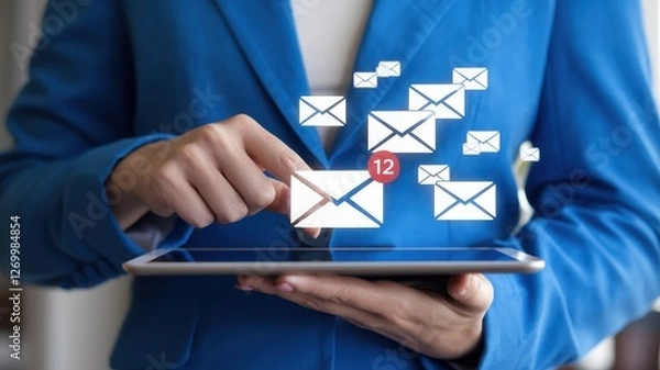 Fototapeta Woman manages email on tablet device with many notifications