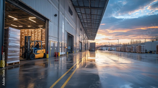 Obraz Evening loading dock with forklift and stacked pallets in a distribution center