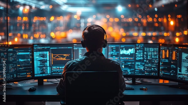 Obraz Data analyst monitors multiple screens in a high-tech environment during evening hours