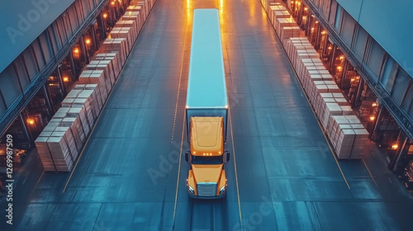 Obraz Trucks navigating a busy warehouse at dusk with stacked palettes and warm overhead lights