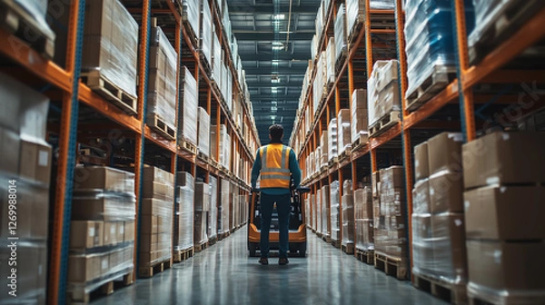 Obraz Warehouse worker operating pallet jack in large storage facility during business hours