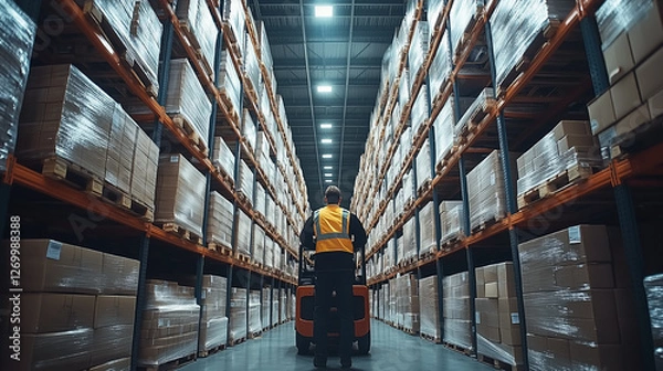 Obraz Warehouse worker operating pallet jack in large distribution center during daytime