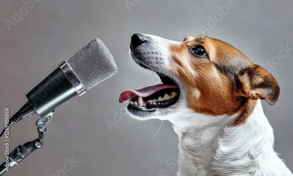 Fototapeta Side portrait of a dog barking into a microphone