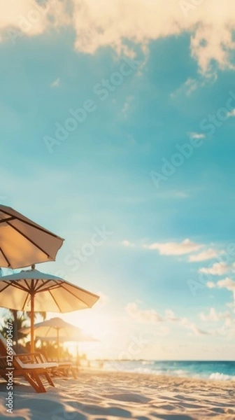 Fototapeta Relaxing beach scene with sun loungers and umbrellas under a blue sky