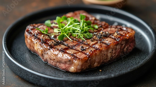 Obraz Grilled steak served on a black plate with herbs in a well-lit kitchen setting during dinner time