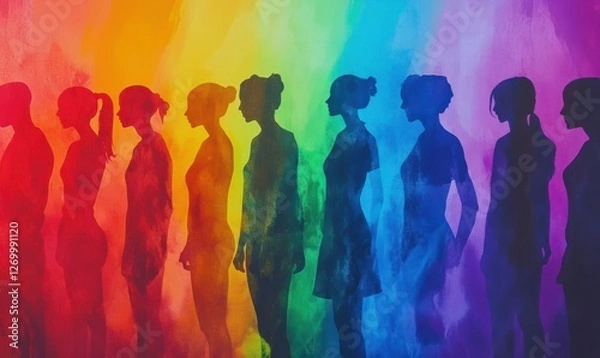 Fototapeta Vibrant rainbow of silhouettes representing unity and diversity, soft focus and layered textures adding depth, empowering sense of inclusivity and harmony