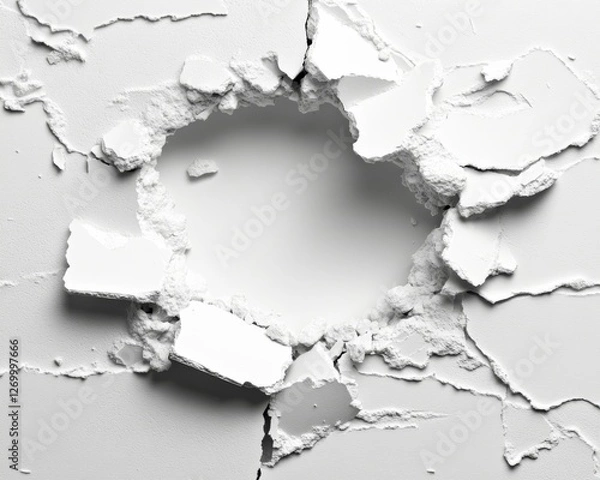 Fototapeta A concrete wall, set against a white background, crumbles into pieces in a 3D illustration