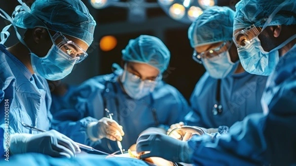 Fototapeta a group of surgeons in special blue clothes stand around an operating table