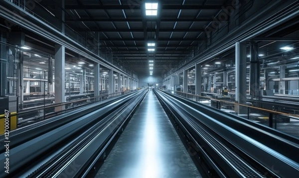 Fototapeta Factory interior with long conveyor belts, bright ceiling lights, and metal structures creating a futuristic industrial atmosphere.