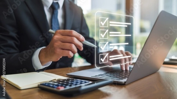 Fototapeta Business professional completing tasks on a laptop with checklist overlay