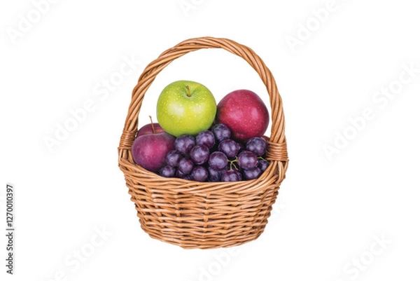 Fototapeta Fresh fruit basket with green apple, red apple, purple grapes, and plums, showcasing vibrant colors and healthy choices. Perfect for nutritious snack or decoration