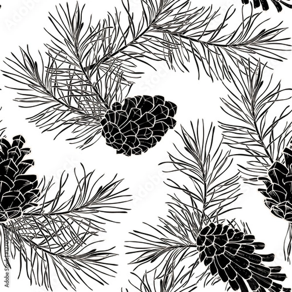 Fototapeta Hand-Drawn seamless pattern with pine cones and branches of coniferous evergreen tree