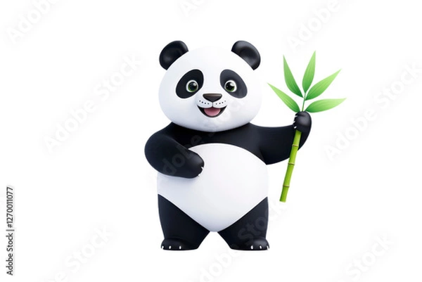 Fototapeta cheerful cartoon panda holding bamboo, showcasing playful and friendly demeanor. Perfect for children content and wildlife themes