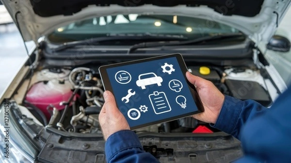Fototapeta Mechanic using digital tablet for car maintenance inspection process