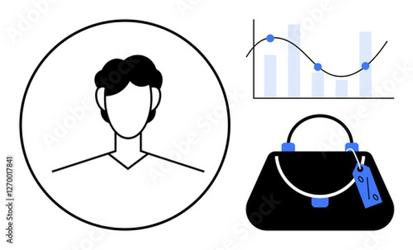 Fototapeta Businessperson portrait, data graph, and purse. Ideal for business, finance, lifestyle balance, data analysis, shopping trends professional identity career growth. Simple abstract line flat