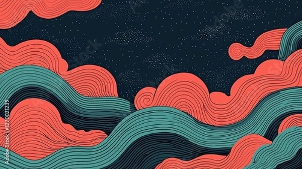 Fototapeta A vibrant illustration of swirling waves and clouds in coral and teal against a deep blue background, creating a dynamic and artistic atmosphere.