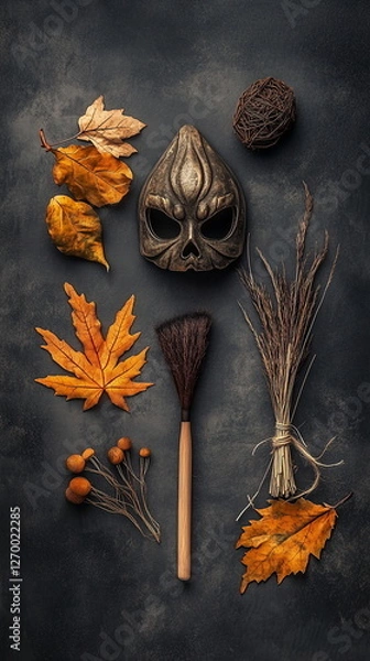 Fototapeta A dark Halloween composition,decoration featuring an mask, a broomstick, and autumn leaves on a dark background. Vertical footage for social media, Tik Tok, Shorts, reels.