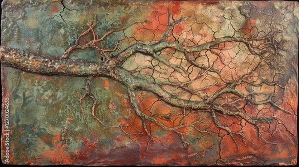 Fototapeta Abstract tree branch artwork with textured bark and vibrant colors, showcasing intricate details and cracked surface, evoking sense of nature beauty