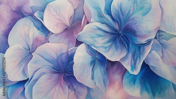Fototapeta Beautiful blue and purple hydrangea flowers in soft, dreamy style, showcasing delicate petals and serene color palette that evokes tranquility and elegance