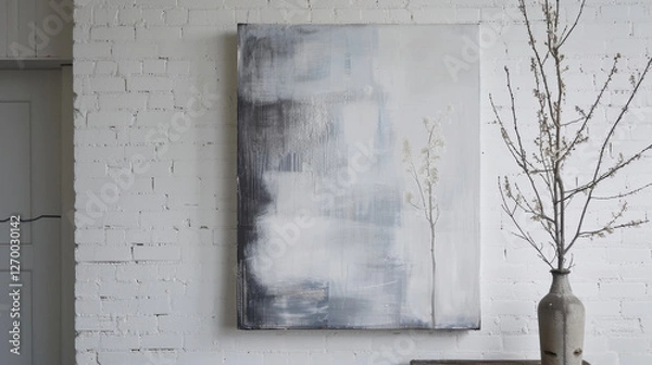 Fototapeta modern abstract painting in gray tones hangs on white brick wall, complemented by minimalist vase with branches, creating serene and artistic atmosphere