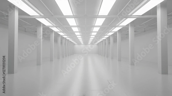 Fototapeta spacious, empty white room with bright overhead lights and columns, creating minimalist and modern atmosphere. Ideal for various uses like exhibitions or studios