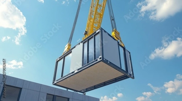 Fototapeta Modern Modular Construction: Crane Lifting a Prefabricated Home Module