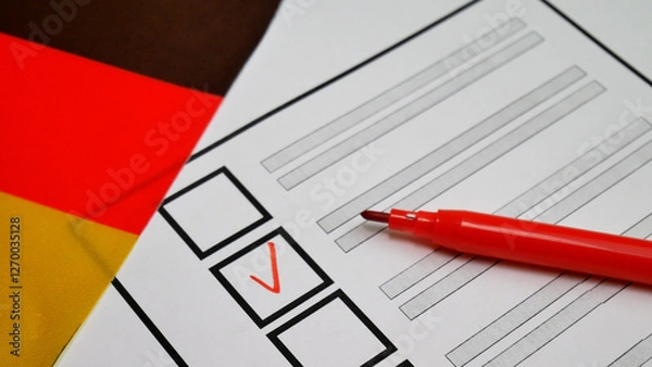 Obraz Political choice in Germany. Voters hand votes with red marker, placing checkmark in checkbox. German flag colors in background. Symbolizing fair elections, democratic participation