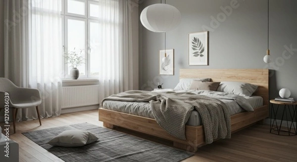 Fototapeta Elegant Scandinavian Bedroom with Soft Beige and Grey