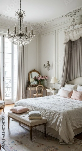 Fototapeta Elegant Parisian Bedroom with Classic Moldings and Soft Pastels