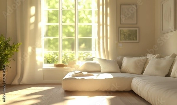 Fototapeta Minimalist living room setup with clean beige furniture, soft throw pillows, and bright sunlight streaming in.