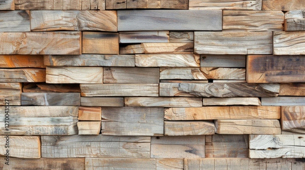 Fototapeta Textured wooden wall with various shades of brown and gray, showcasing natural patterns and grains. Ideal for rustic or industrial design themes