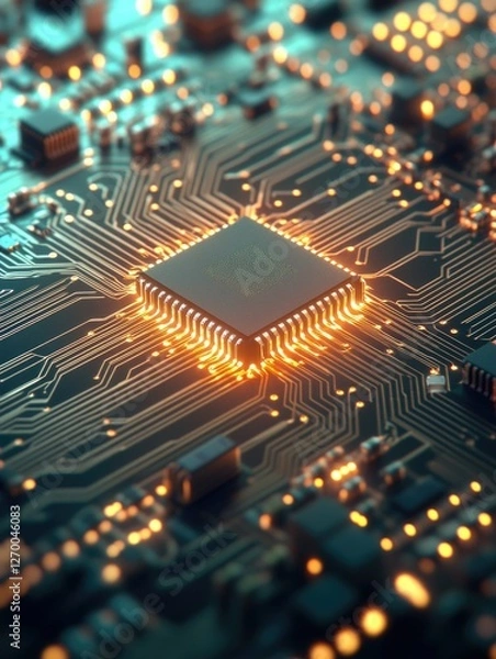 Fototapeta Advanced Microchip with Integrated Circuits in a High-Resolution Image, Perfect for Technology and Computing Sectors.
