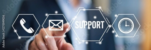 Fototapeta Hand interacting with digital support icons for assistance options