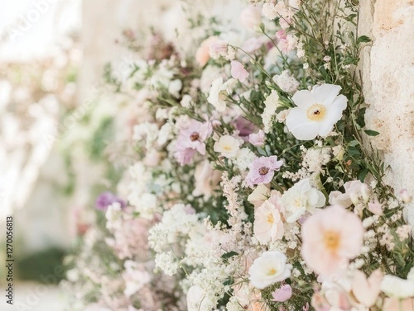 Fototapeta Elegant floral arrangement against a textured stone wall for a wedding