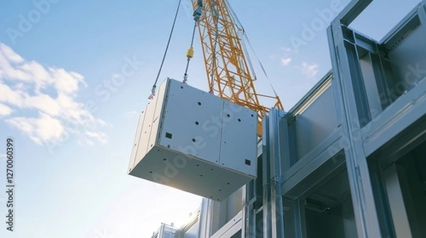 Fototapeta Modular building construction with crane lifting prefab module at site