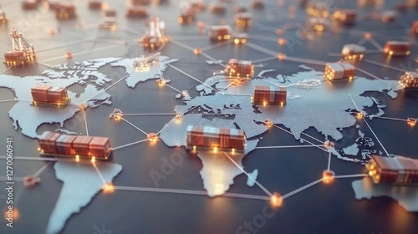Fototapeta International logistics hub concept, digital trade routes over a detailed world map, connecting major ports and cargo transit centers