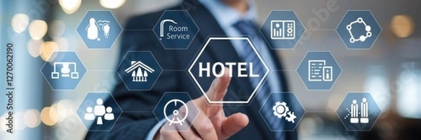 Fototapeta Business person touching a hotel services digital display interface