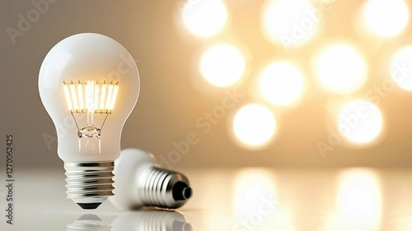 Fototapeta Two LED light bulbs on a reflective surface with bokeh background.