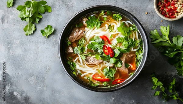 Obraz Vietnamese Pho Bo soup, bowl of fresh Asian soup with rice noodles, beef, herbs, soybean sprouts and chili on concrete background, top view, copy space. Delicious Asian food
