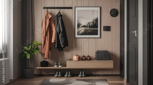 Fototapeta A modern, chic entryway featuring a coat rack and neatly arranged shoes, offering a warm and inviting atmosphere.