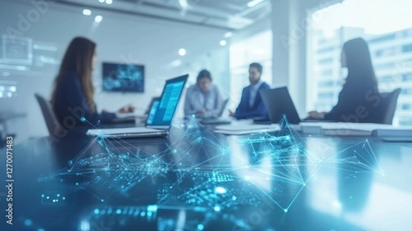 Fototapeta Futuristic Business Meeting with Tech Overlay for Global Connectivity