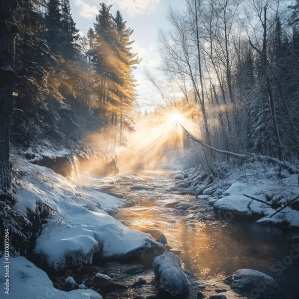 Fototapeta A serene scene of a sunset and sunrise in the forest and mountains, showcasing a winter landscape with snow, trees, a river, and a frozen lake under a clear sky