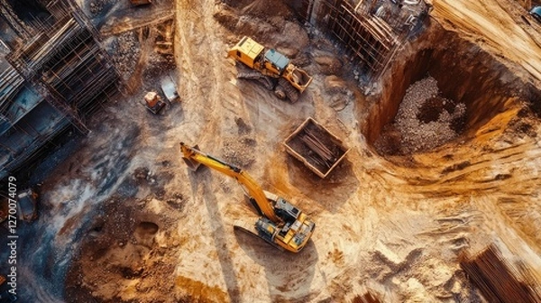 Fototapeta An aerial view of cranes, bulldozers, and loaders actively working at a large construction site, capturing the scale and intensity of earthworks.
