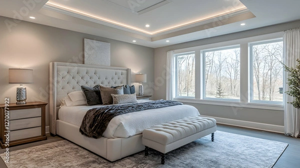 Fototapeta Elegant bedroom with white decor, tray ceiling lighting, and a plush king-size bed for a luxurious feel