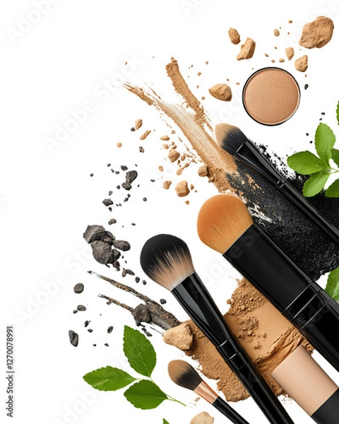 Fototapeta Makeup brushes and cosmetic products arranged artistically with natural elements and pigments on a white background