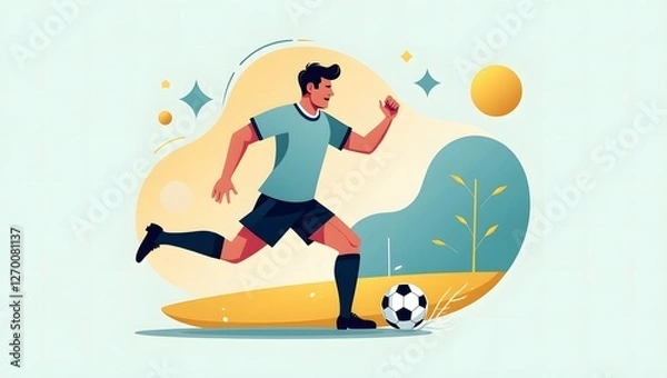 Fototapeta Flat Vector Illustration of a Soccer Player Kicking a Ball