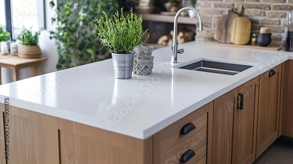 Obraz A kitchen counter with a white marble top and wooden cabinets