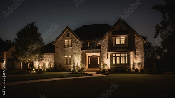 Obraz A large brick house with a large front porch is lit up at night